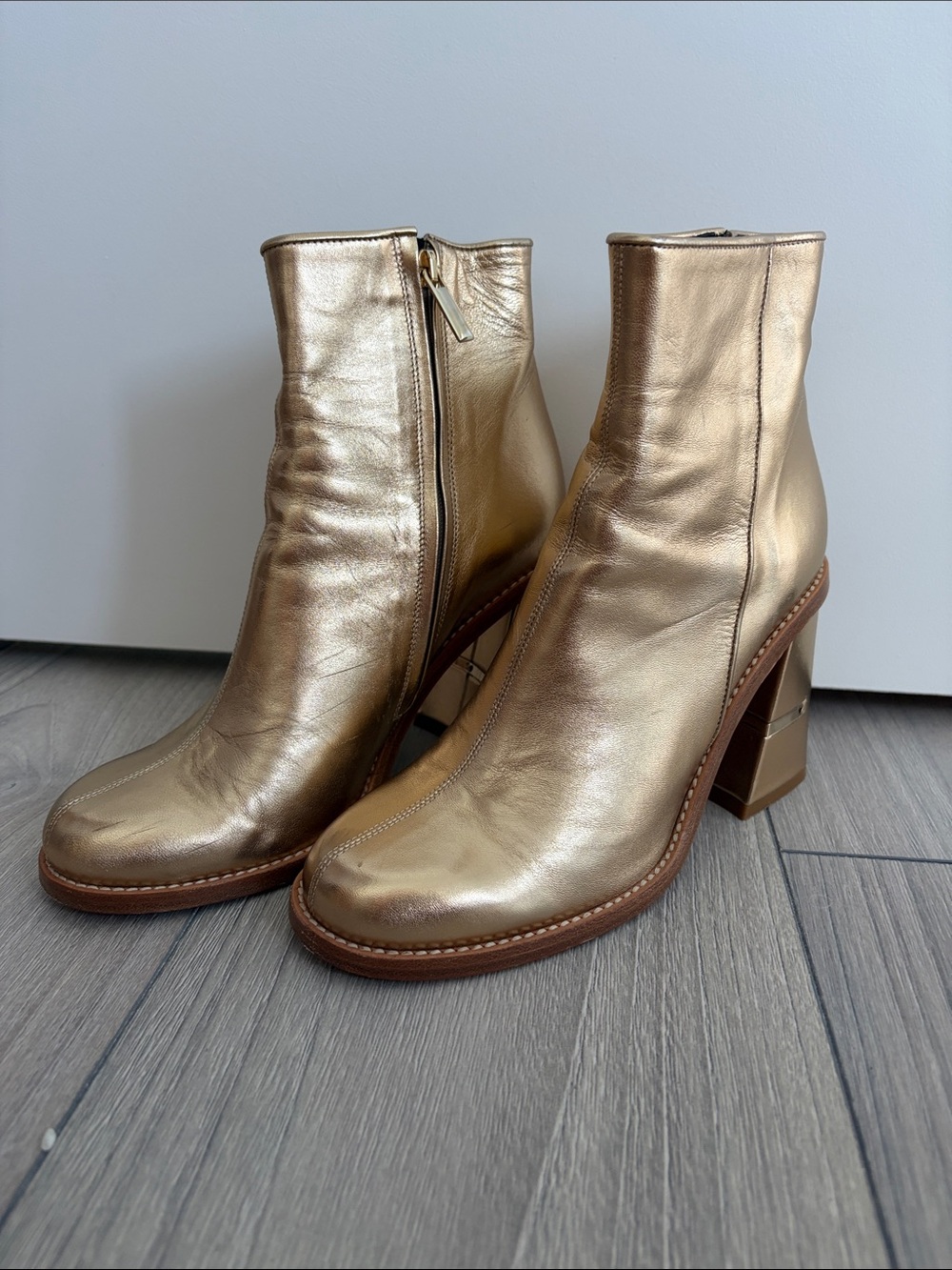 Tibi Gold Heeled Ankle Boots 371⁄2